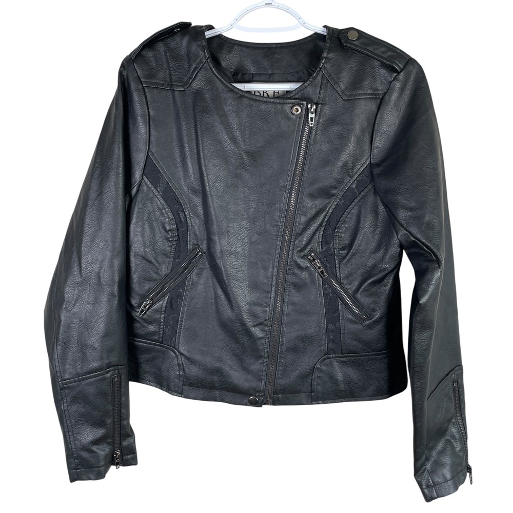 NEW BKE Buckle Moto Motorcycle Jacket Womens M Black Faux Leather Lace Full Zip